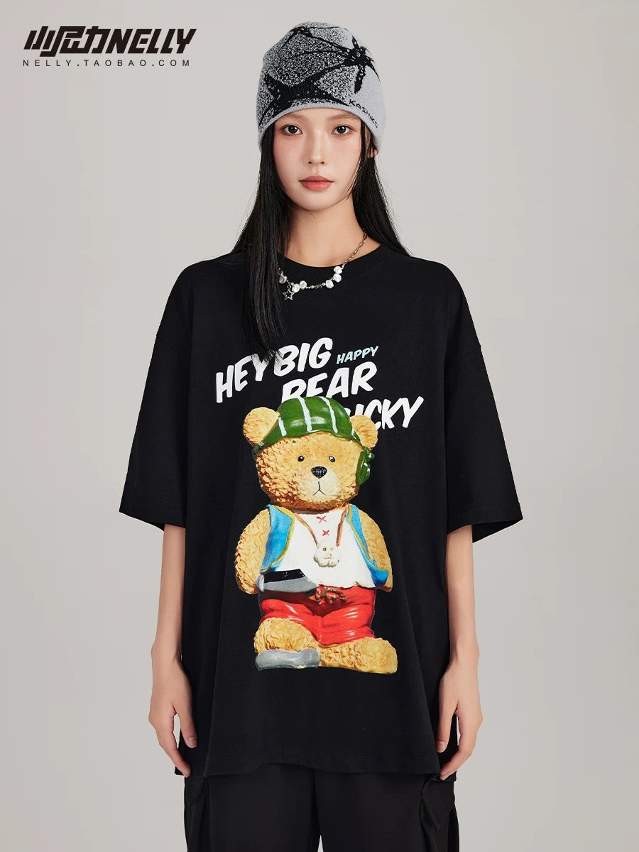 European and American cartoon bear short-sleeved T-shirts for men and women trendy brands ins loose casual summer thin T-shirts for couples half-sleeved shirts