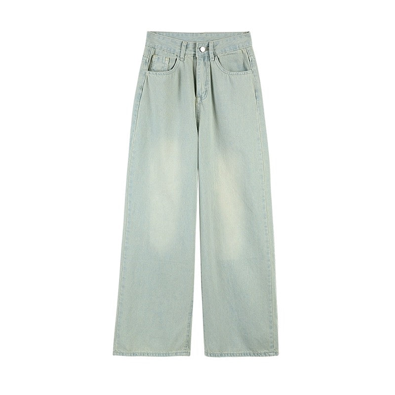 PPHOME Cream Floor-Mopping Pants ~ Tall Color Wide-Leg Jeans Autumn High-waisted Straight-leg Lightweight Floor-Mopping Pants