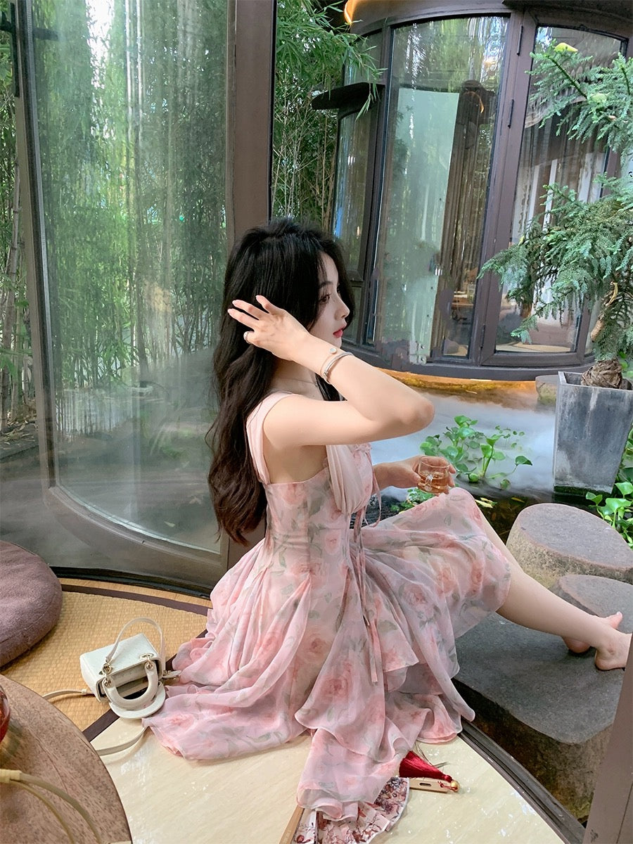 ByYou summer pink fungus printed chiffon suspender dress with waist and slimming skirt fairy skirt