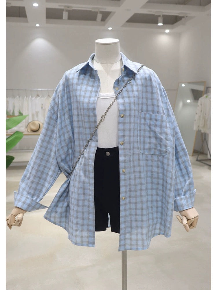Skin-colored, thin and breathable 2024 summer loose and slim medium-length cotton long-sleeved sun-proof plaid shirt for women