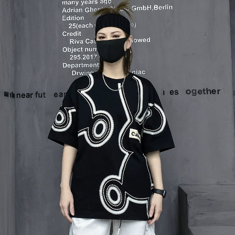 M family fashion brand European station 2023 new summer cartoon rabbit black short-sleeved t-shirt women's loose top ins trend