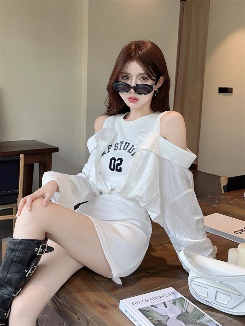 Vest stitching strapless shirt dress female early autumn hot girl sexy bag hip skirt design sense niche shirt skirt