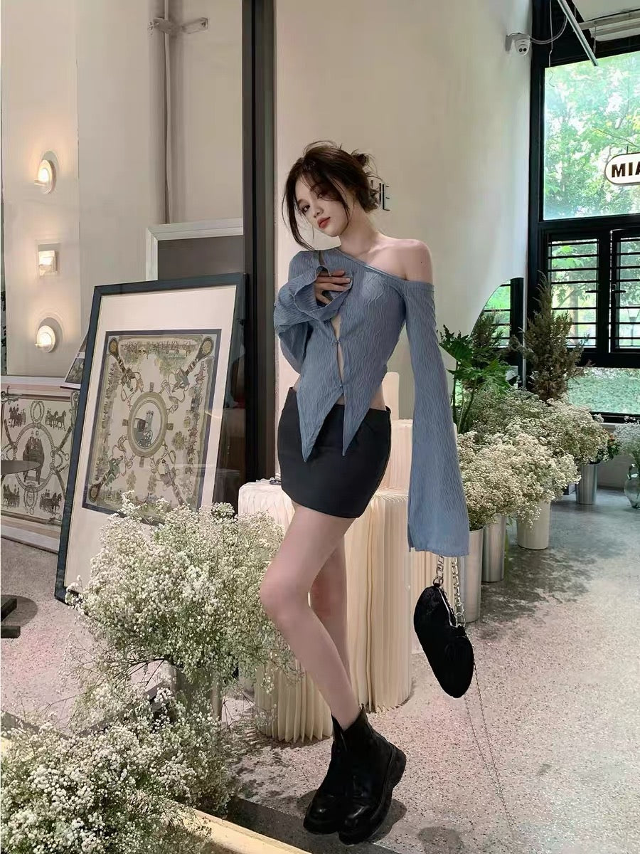 EUSKY IIWAN Hollow design niche long-sleeved shirt with spring and summer new irregular off-shoulder top (T246)