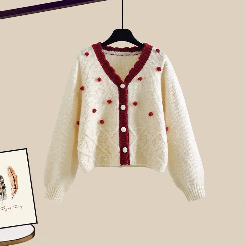 Pure and sweet suit for women in autumn new women's dopamine with a sweater rose red skirt two-piece set