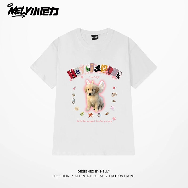 nely little nely cute dog American short-sleeved T-shirt men and women 2024 summer new pure cotton half-sleeved top trend