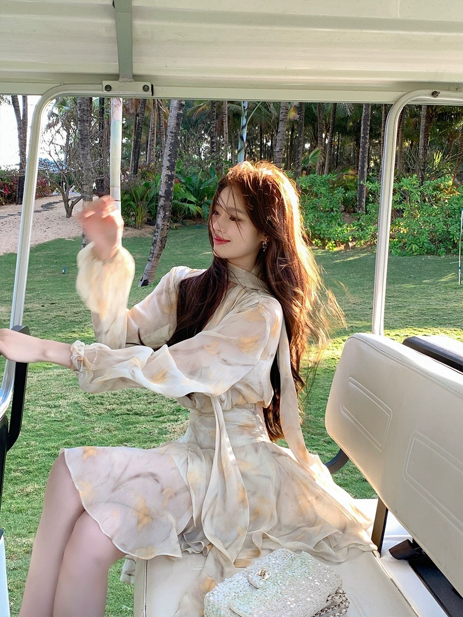 ByYou spring and summer long-sleeved v-neck puff-sleeved chiffon yellow floral dress with waist and irregular fairy skirt