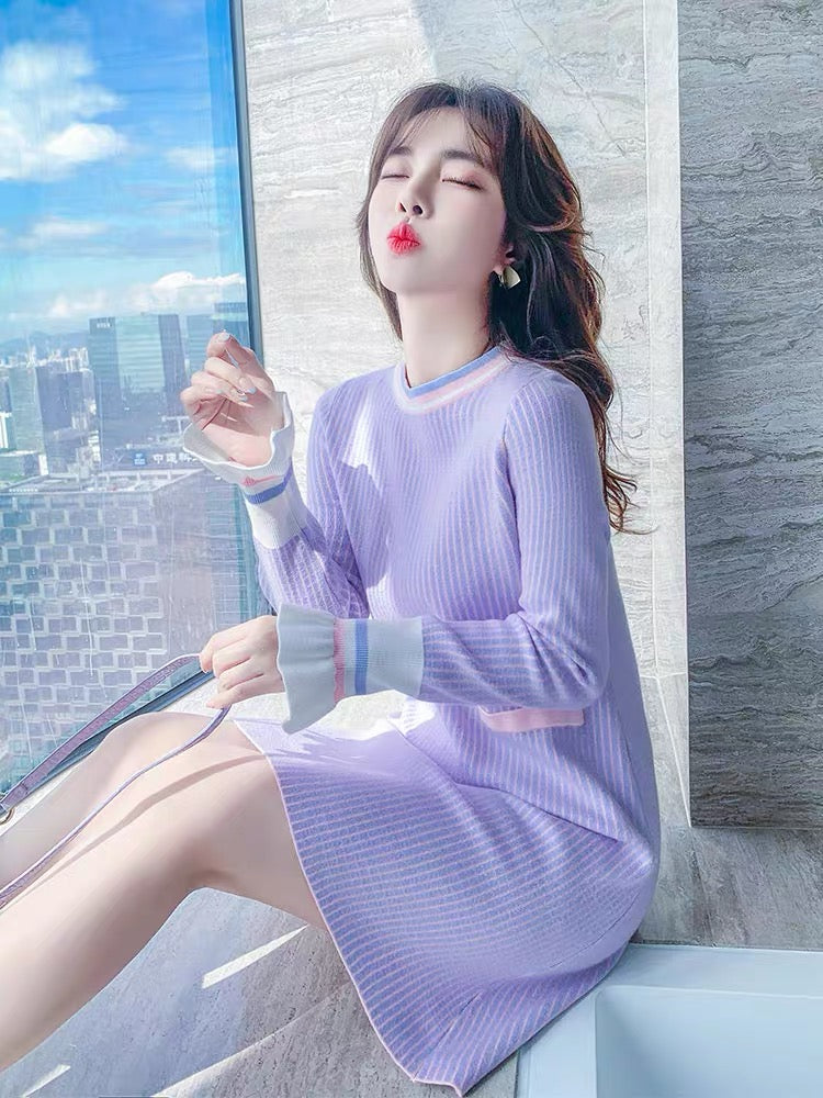 Autumn clothing 2023 new purple French knitted dress autumn temperament autumn high-end sweater skirt women autumn and winter T2351