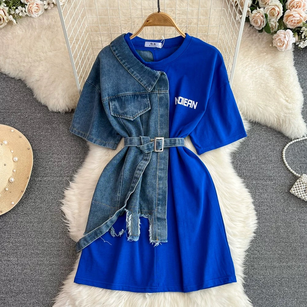 Retro Hong Kong style temperament waist with belt round neck color matching denim shirt spring new chic casual mid-length top