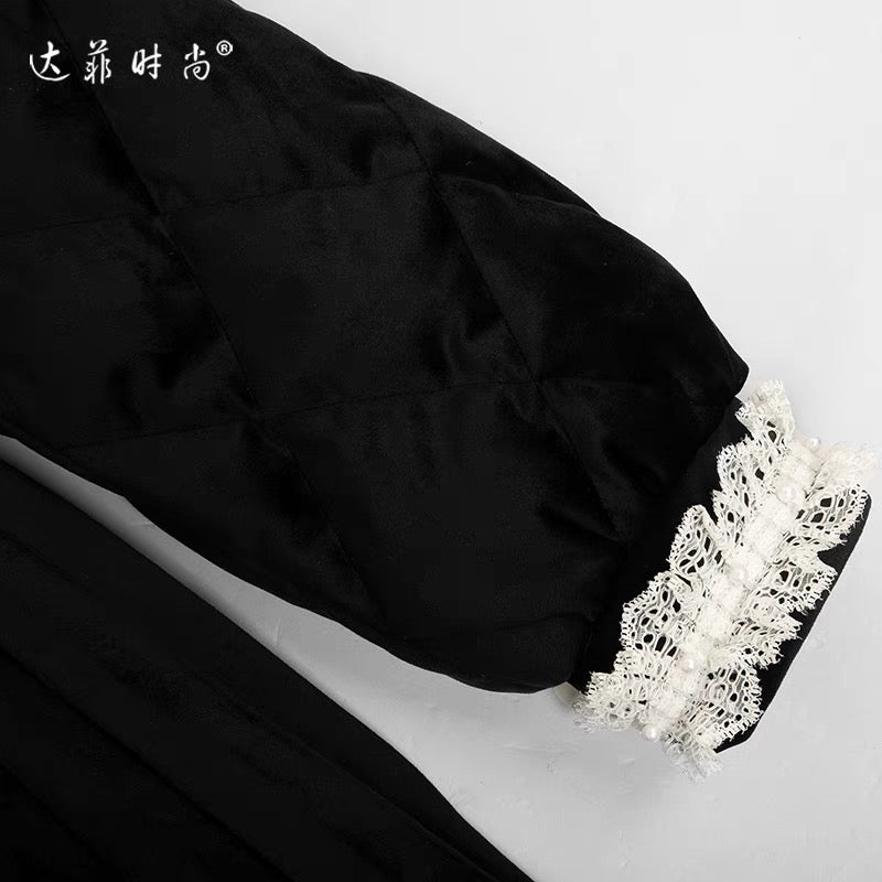 Winter women's clothing 2023 new contrast color stand collar waist mid-length down jacket black thickened white duck down trendy