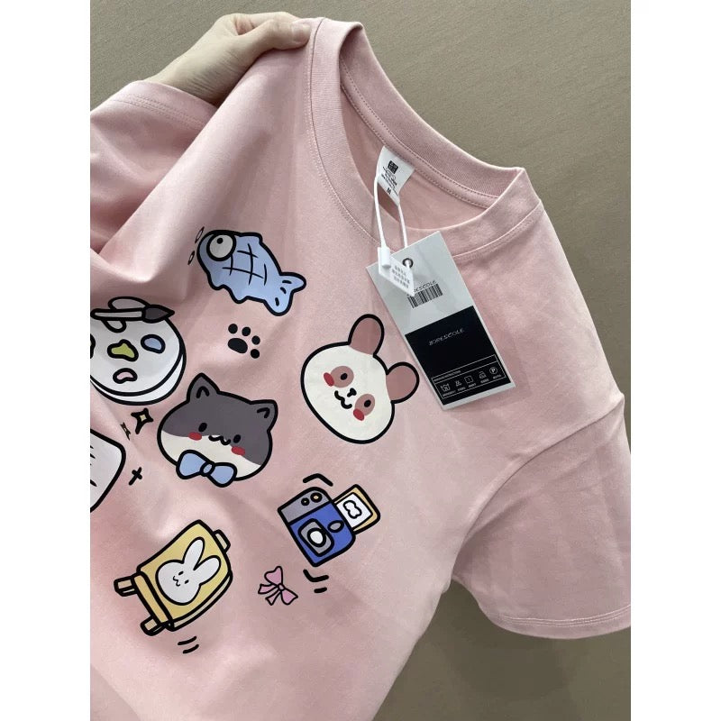 American style ins three bears printed cotton short-sleeved T-shirt men and women summer heavyweight all-match loose couple tops