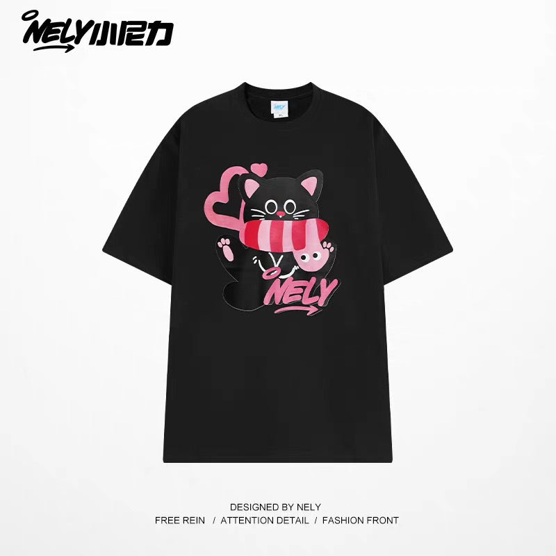 American cartoon cat print round neck short sleeve men and women summer 2025 couple pure cotton t-shirt half sleeve bottoming shirt trend