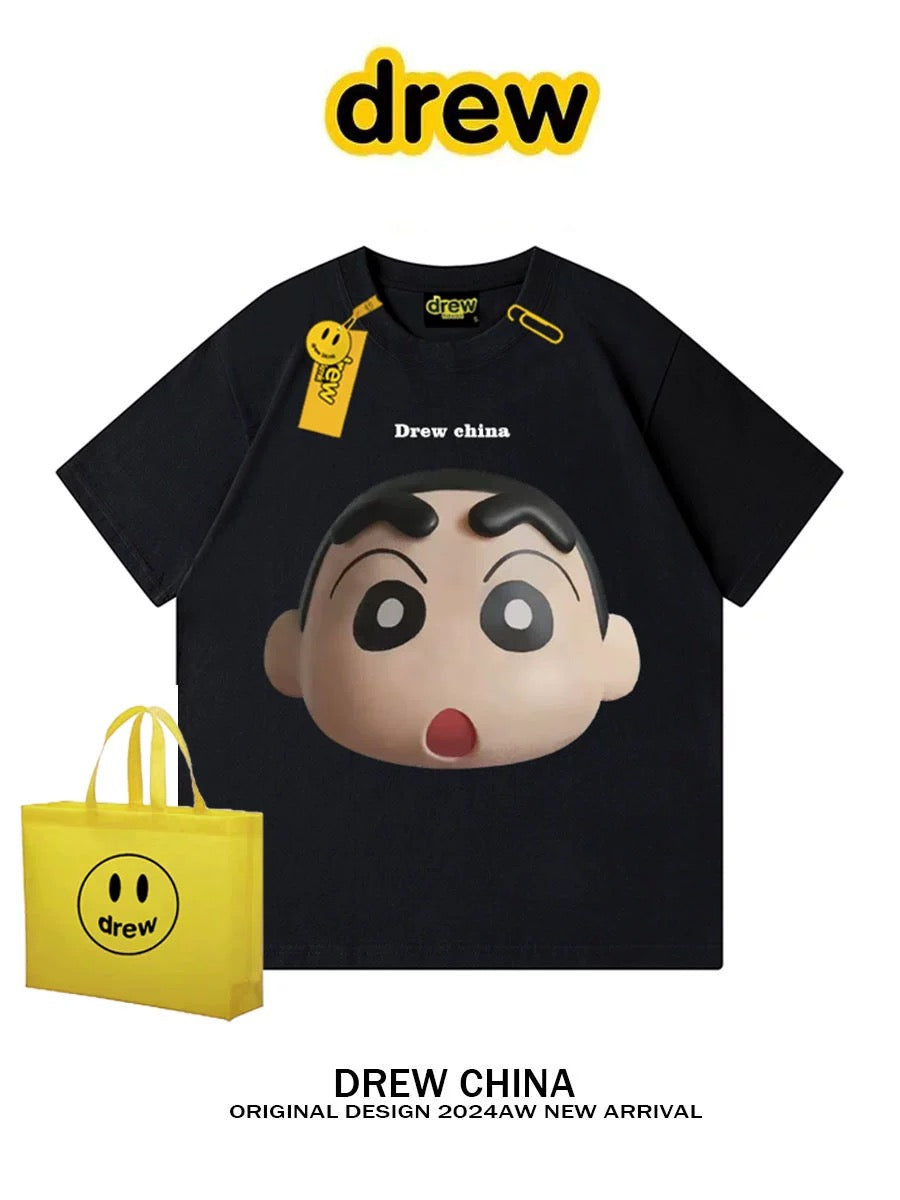 drew American trendy brand design cartoon print short-sleeved T-shirt for men and women loose bf style niche couple half-sleeved INS