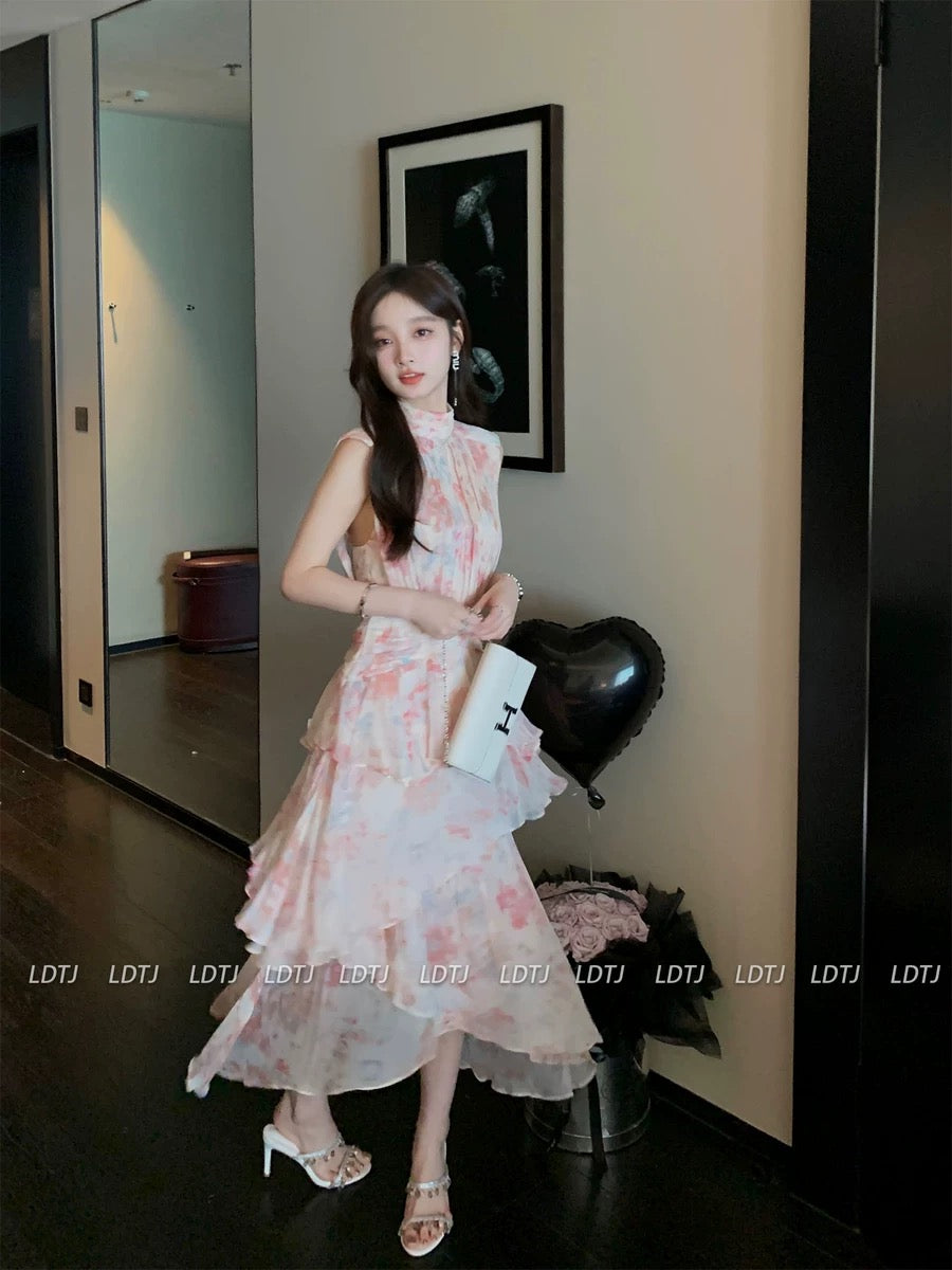 LDTJ Haute Couture 23 Xia Xin Elegant Temperament Fairy Gentle Sleeveless Vacation Slim Silk Broken Print Dress Women