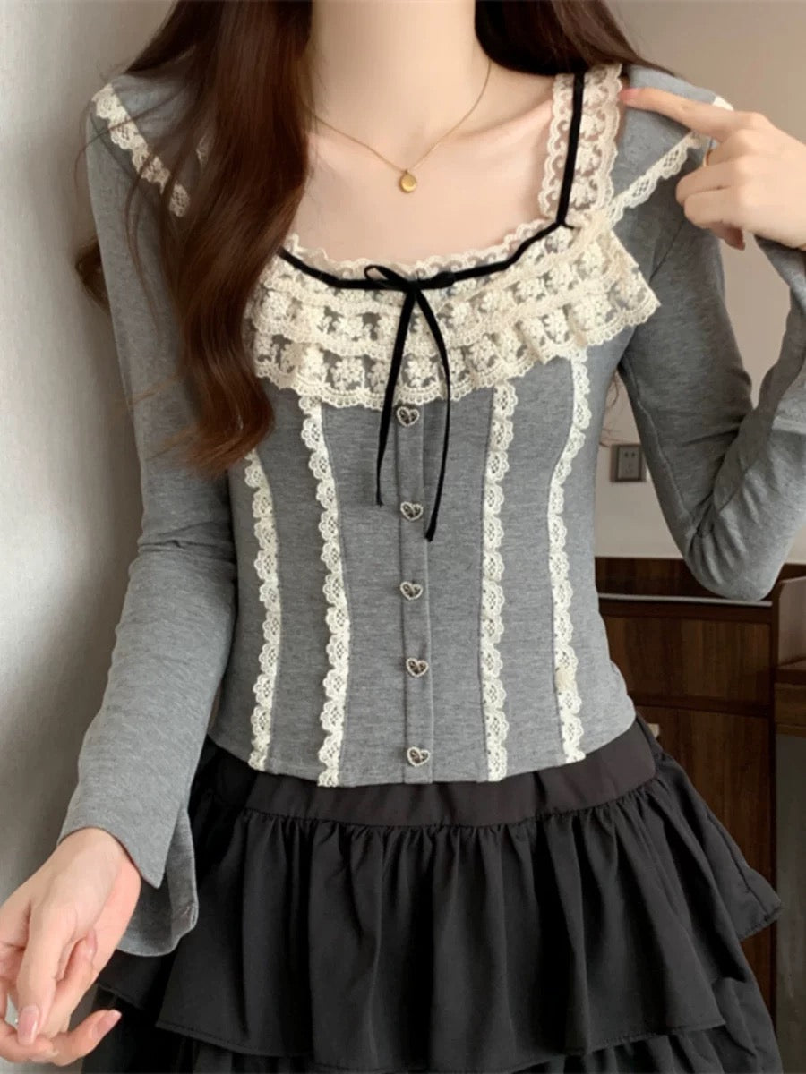 Plus size women's lace patchwork bow square neck T-shirt women's long-sleeved slim inner wear chic top