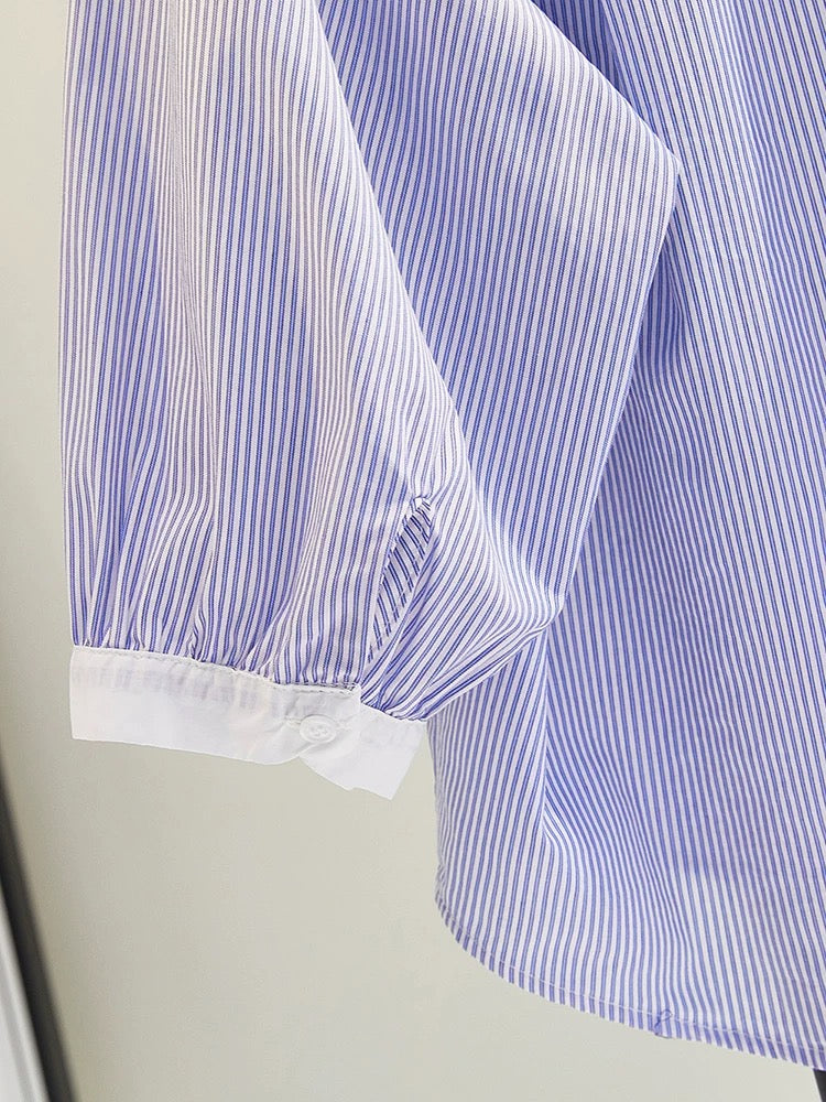 Small stand-up collar blue vertical striped shirt 2024 summer new Korean style literary three-quarter sleeve baby shirt shirt top