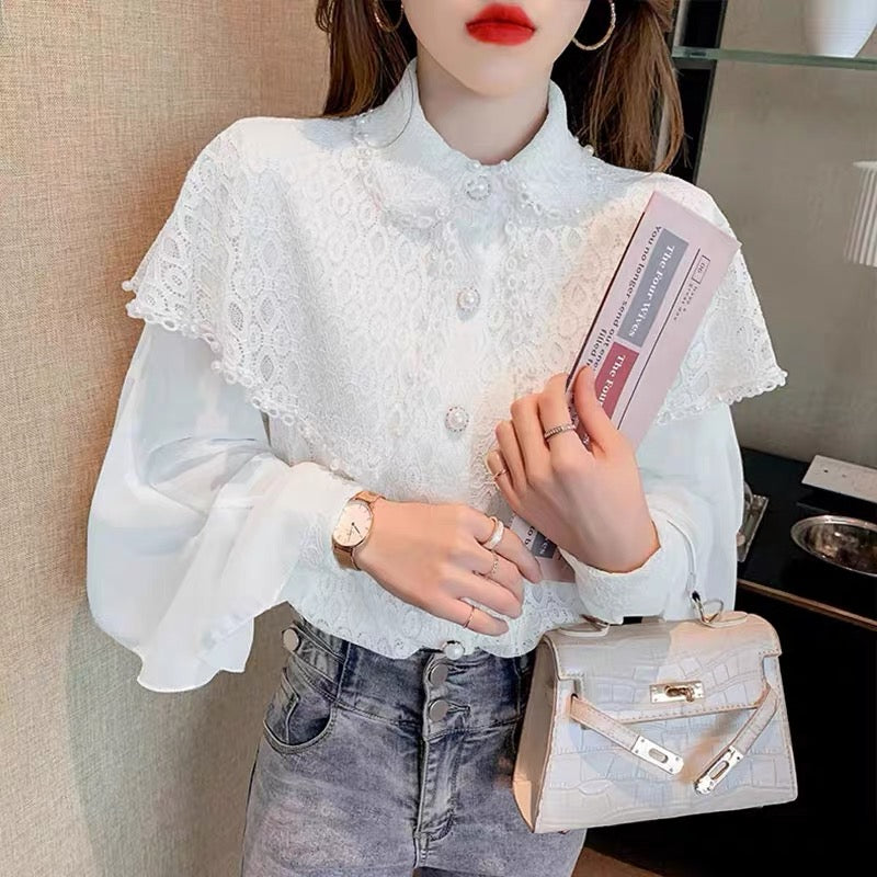 2023 Autumn New Fashionable Ruffled Chiffon Shirt Versatile Women's Loose Western Style Beaded Shawl Shirt Top (B2314)