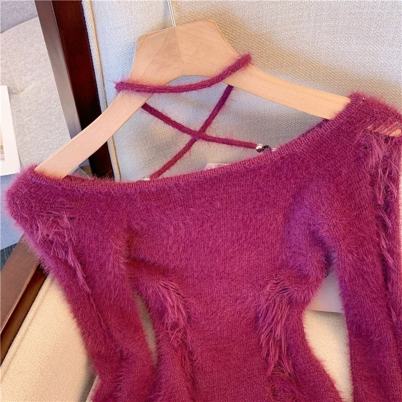 High-end pure desire sweet and spicy plum color one-shoulder imitation mink sweater ripped halterneck short sweater for women in autumn and winter