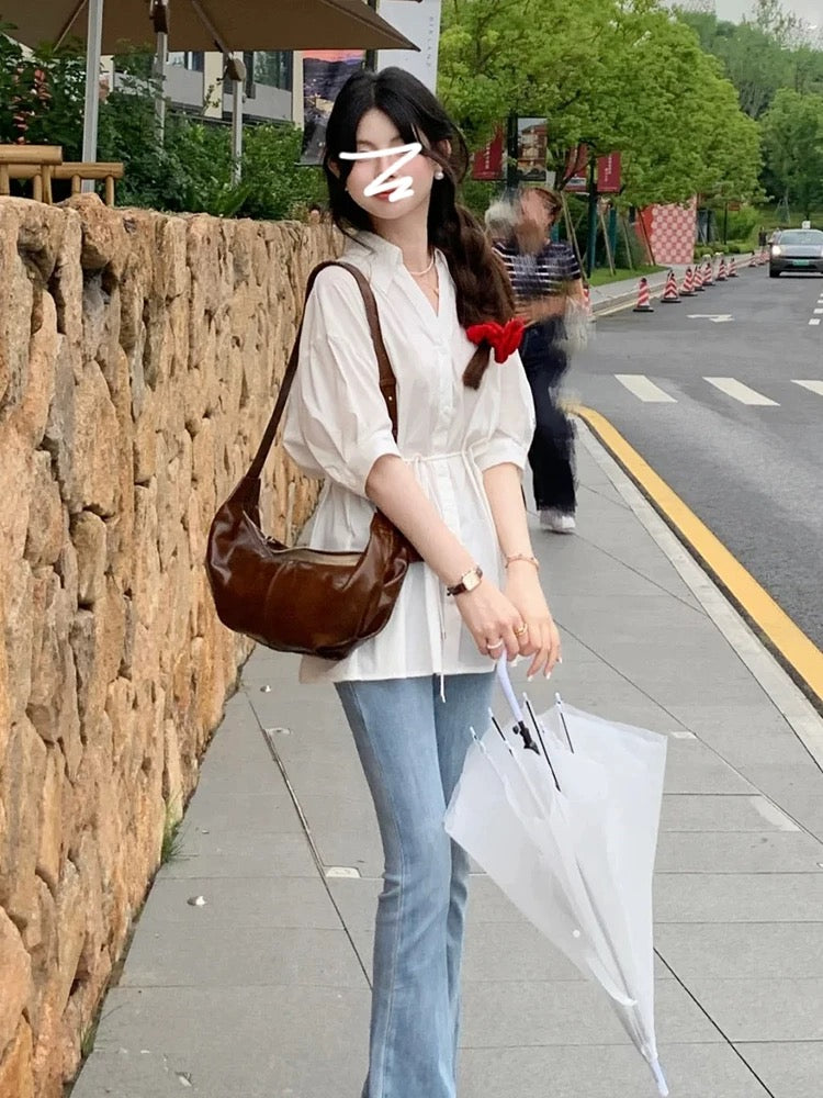 White v-neck shirt for women summer 2024 new style waist design thin sun protection shirt French temperament top
