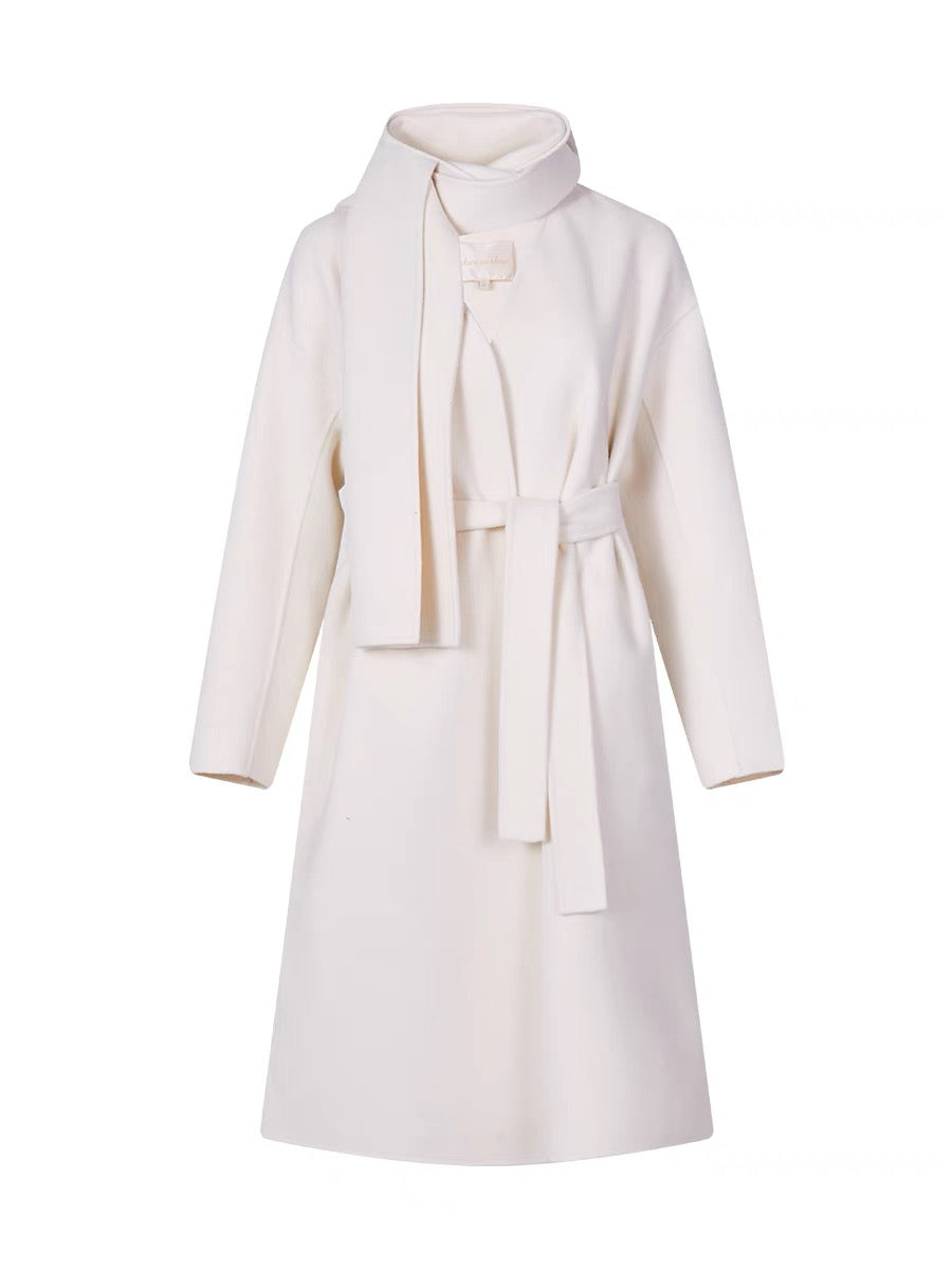 Shanxi said off-white 100% wool double-sided woolen collarless scarf style long-sleeved coat for women slim long coat (B1330)