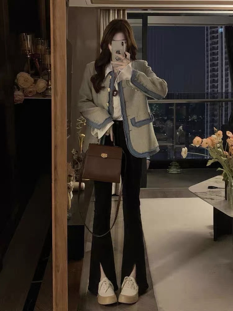 French-style small fragrance shoulder pad suit jacket women's early spring and autumn temperament high-end denim splicing top small man