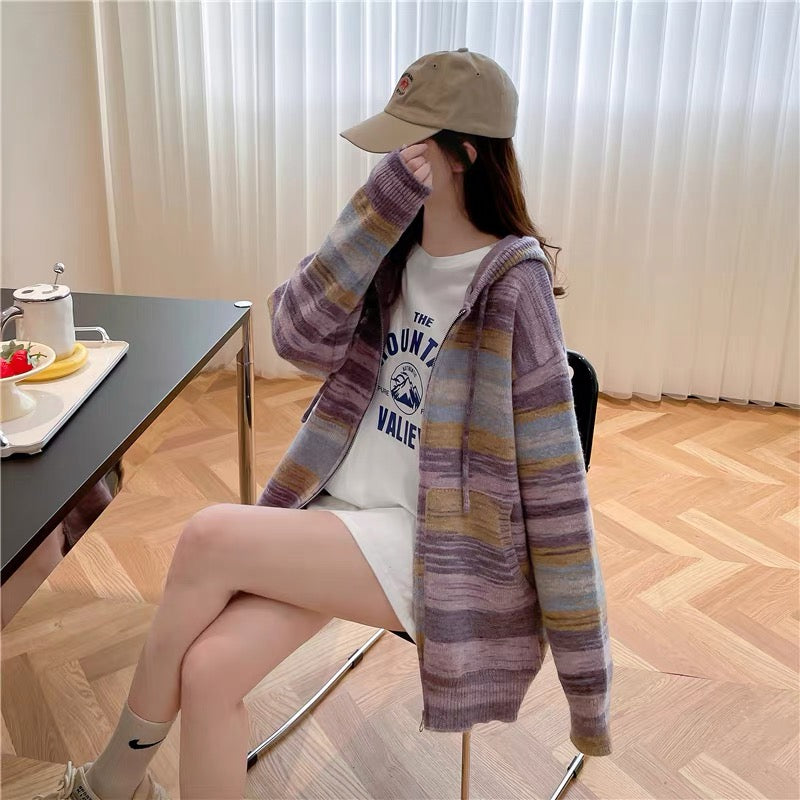 Fashionable design hooded sweater jacket for women 2023 new autumn versatile loose lazy style knitted cardigan (S0618)