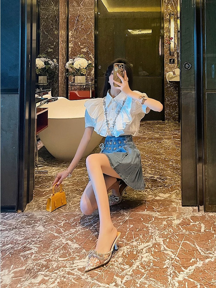 BETTER LS summer new style small Chanel style suit skirt women's ruffled shirt + denim skirt Western style two-piece suit