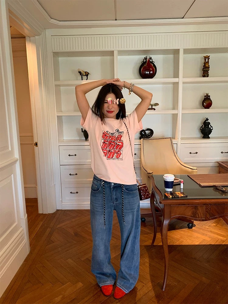 Luoluo Xianjie niche tops 2025 new early spring short-sleeved T-shirts for women with small size loose pink print