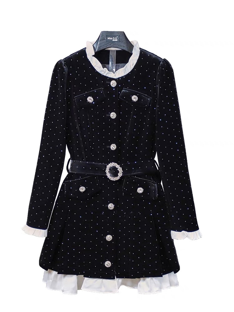 Miss DG ladylike temperament slim little fragrant dress 2023 autumn and winter high-end patchwork waist dress (D0678)