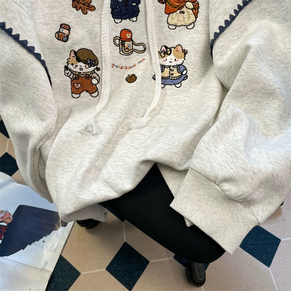 European goods stylish contrast color embroidered cat hoodie sweatshirt men and women spring and autumn sweet and cute small tops jacket