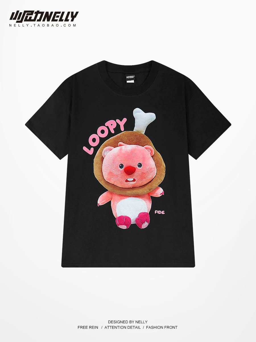 Korean soft and cute cartoon cute printed short-sleeved T-shirt for men and women pure cotton casual 2024 new loose round neck top