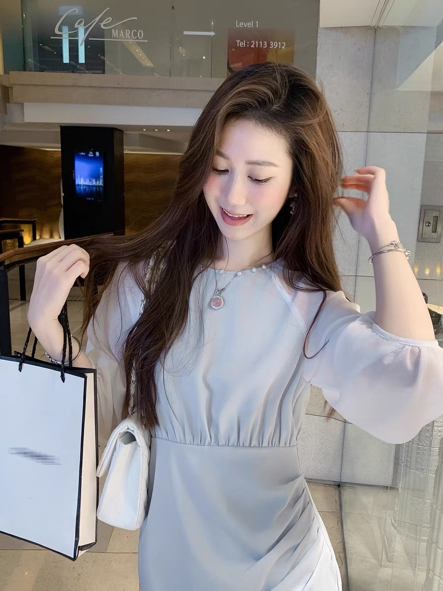 Fish Rabbit Rabbit French Dress 2023 New Femininity Simple Folded Waist Short Sleeve Short Skirt