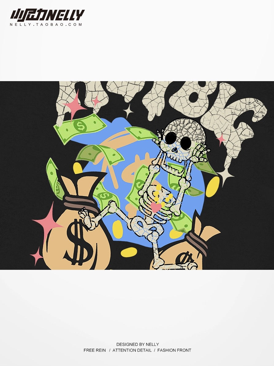 Summer new short-sleeved T-shirt oversize trendy brand punk skull print American round neck hip-hop half-sleeve for men and women