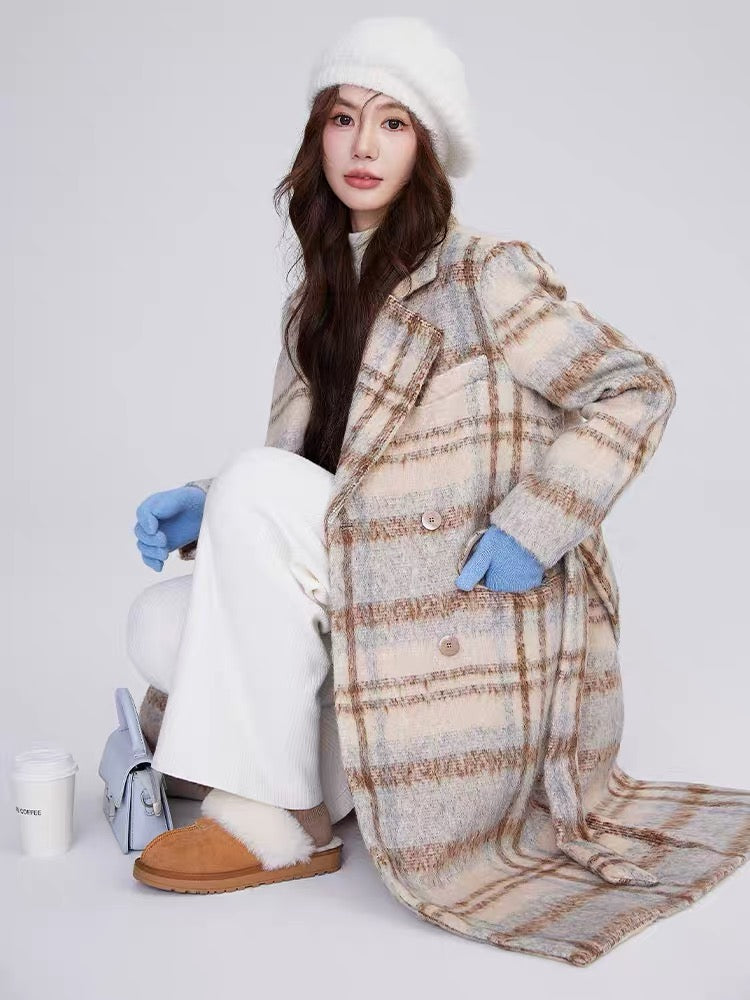 Volstagg 30 wool plaid woolen coat for women autumn and winter temperament and high-end Korean style mid-length woolen coat