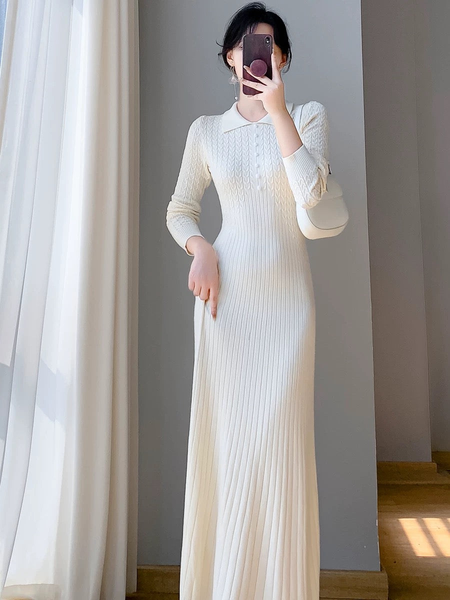 French waist slimming knitted dress for women in autumn and winter with coat base and A-line lapel long sweater dress