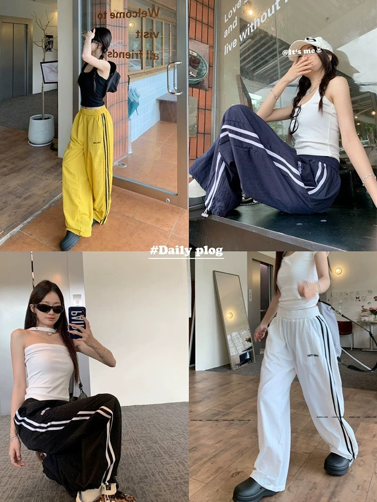 American retro two-bar contrast color casual pants women's summer loose wide-leg pants versatile trousers yellow pants trendy