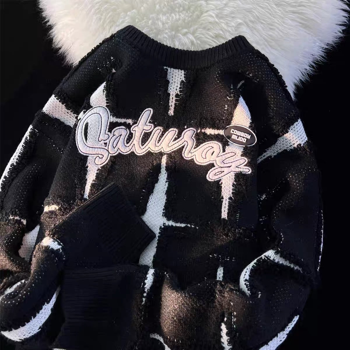 American retro niche design raw edge color-blocked sweater for women in autumn and winter loose lazy vintage knitted jacket (S0458)