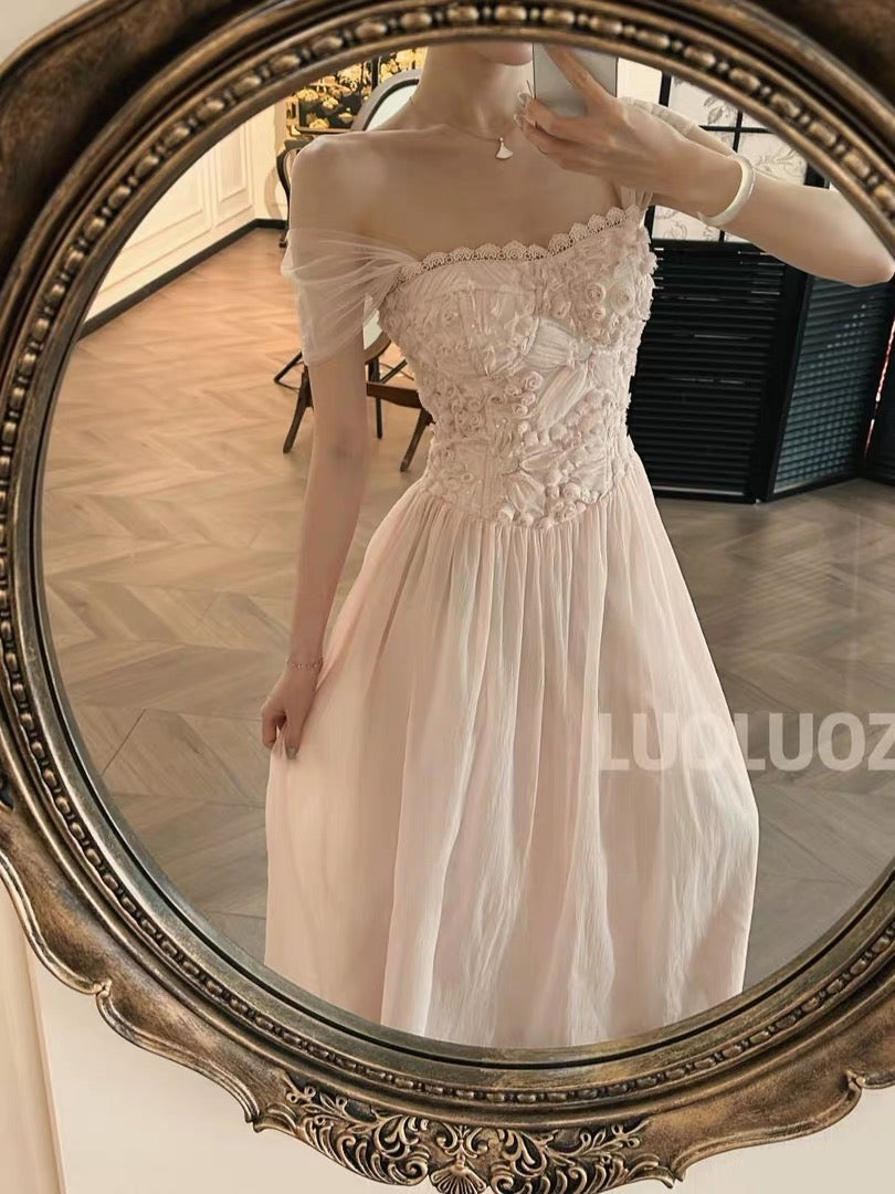 LUOLUOZ "Cherry Blossom Whisper" – A gentle-style, long dress featuring intricate embroidery, a soft square neckline, and a waist-cinching silhouette (JF138).