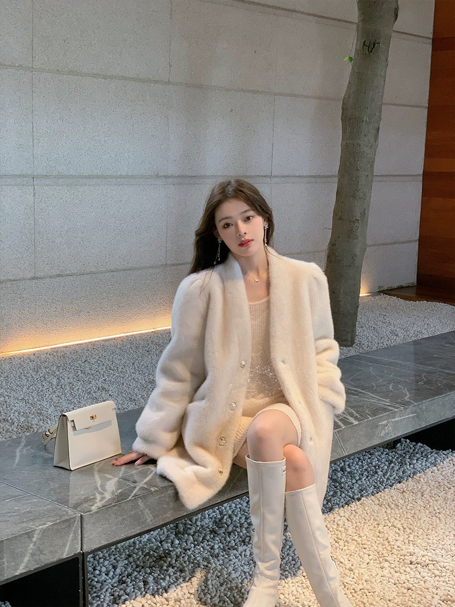 ByYou new 3D bead butterfly fairy apricot white mohair inner sweater women's loose bottoming sweater