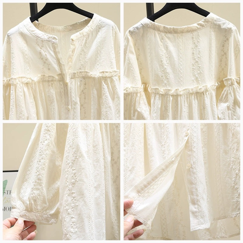 Design round neck ruffled apricot shirt for women 2024 spring new loose long-sleeved shirt tops
