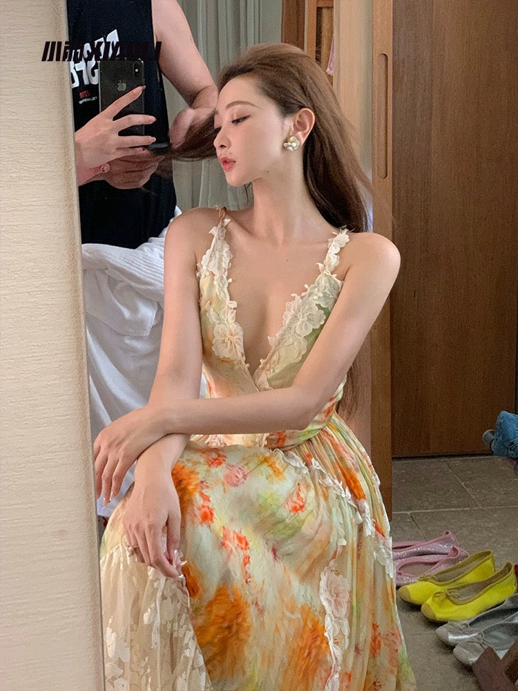 XIAOLI Morning Mist Silk Blended Floral Lace Suspender Dress Spring and Summer French High-end Exquisite Skirt