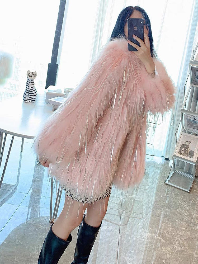 Tassel fur coat for women 2023 autumn and winter new style Internet celebrity raccoon fox fur mid-length fashionable young coat