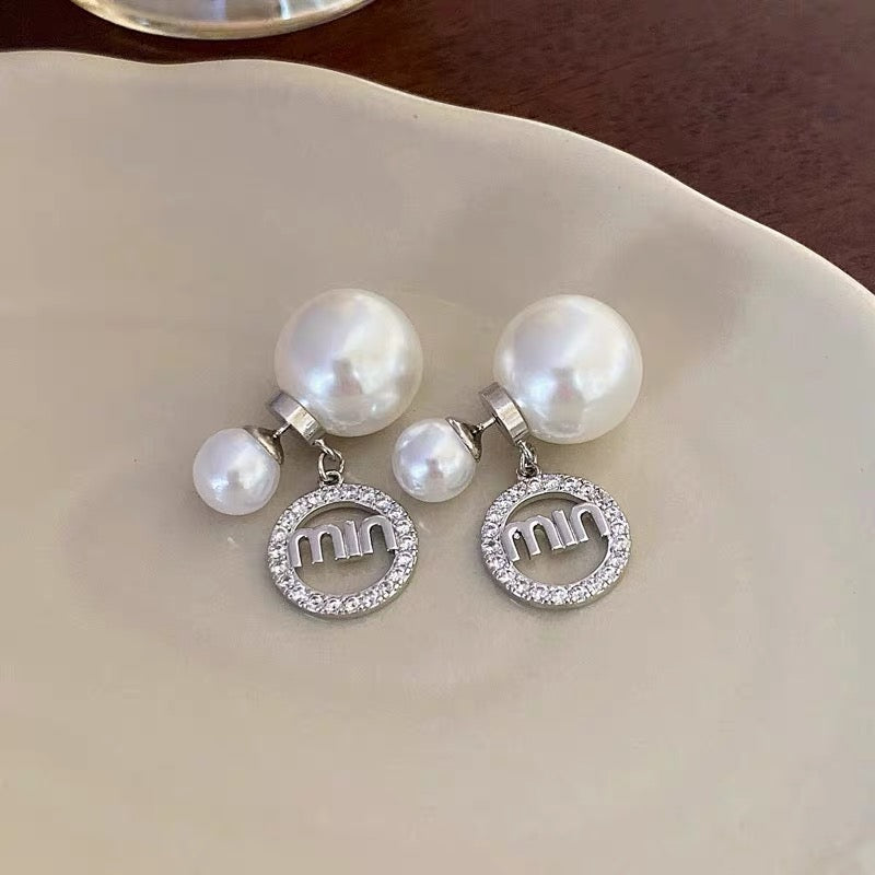 Silver Zircon Alphabet Pearl A Two-Wear Earrings Fashion Personality Ear Studs Niche Temperament Versatile Earrings