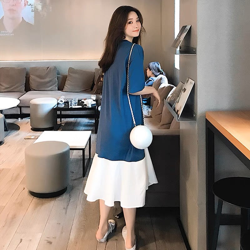Loose dress for women summer 2023 new Korean style short-sleeved casual skirt chiffon splicing mid-length T-shirt skirt
