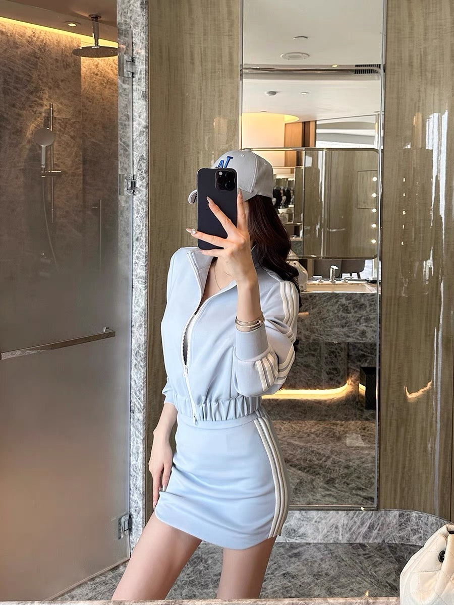 Shanxi said light blue stand-up collar long-sleeved coat U-neck vest high-waisted skirt women's college style sports three-piece suit (B8892)