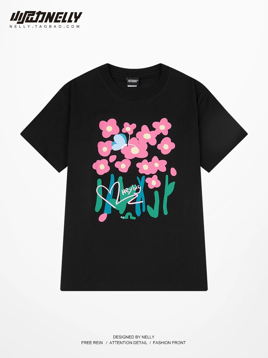 Fashionable brand trend 2024 new style letter flower short-sleeved Harajuku college style versatile casual pure cotton round neck T-shirt