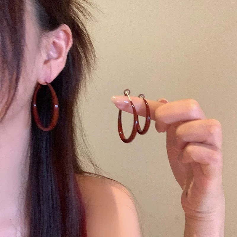Retro Hong Kong style Anhong oil drop earrings circle plain hoop earrings female high-grade earrings female temperament ear buckle earrings