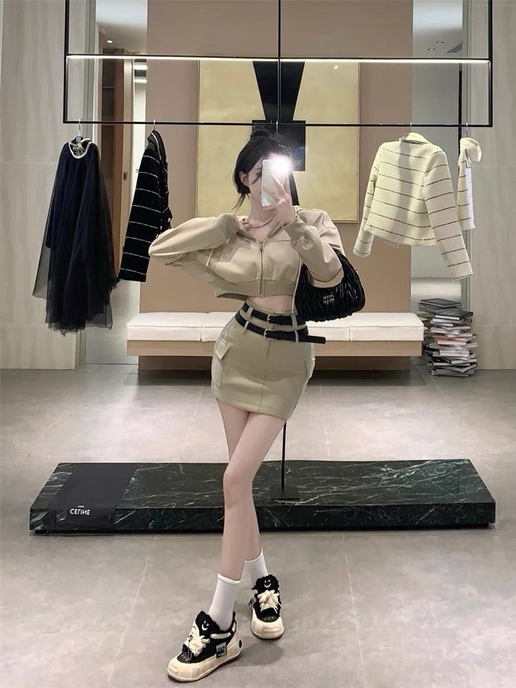 Street fashion cool Internet celebrity suit female autumn hooded sweater jacket + hot girl sexy bag hip skirt two-piece set l