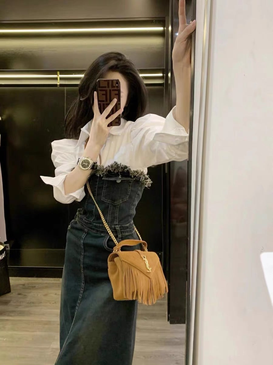 Dress spring women's 2023 new high-end design niche temperament age-reducing long denim skirt (S0958)