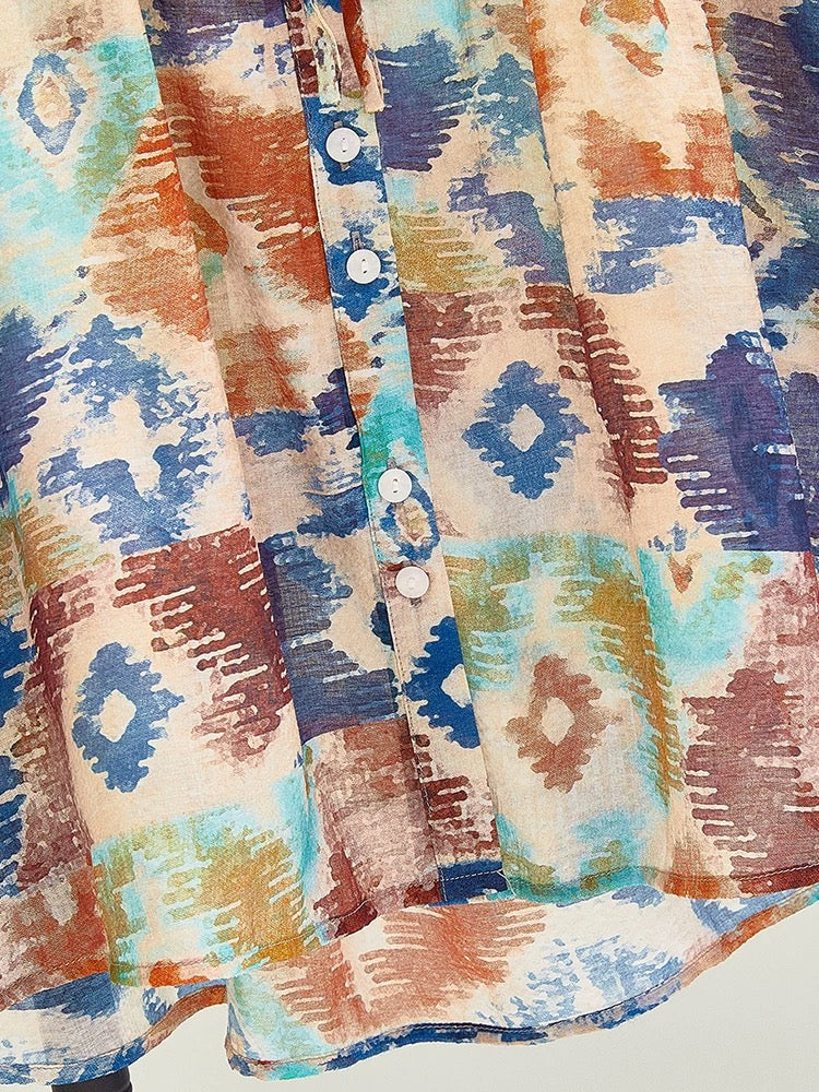 Breathable collar tie watercolor Hong Kong style temperament loose shirt