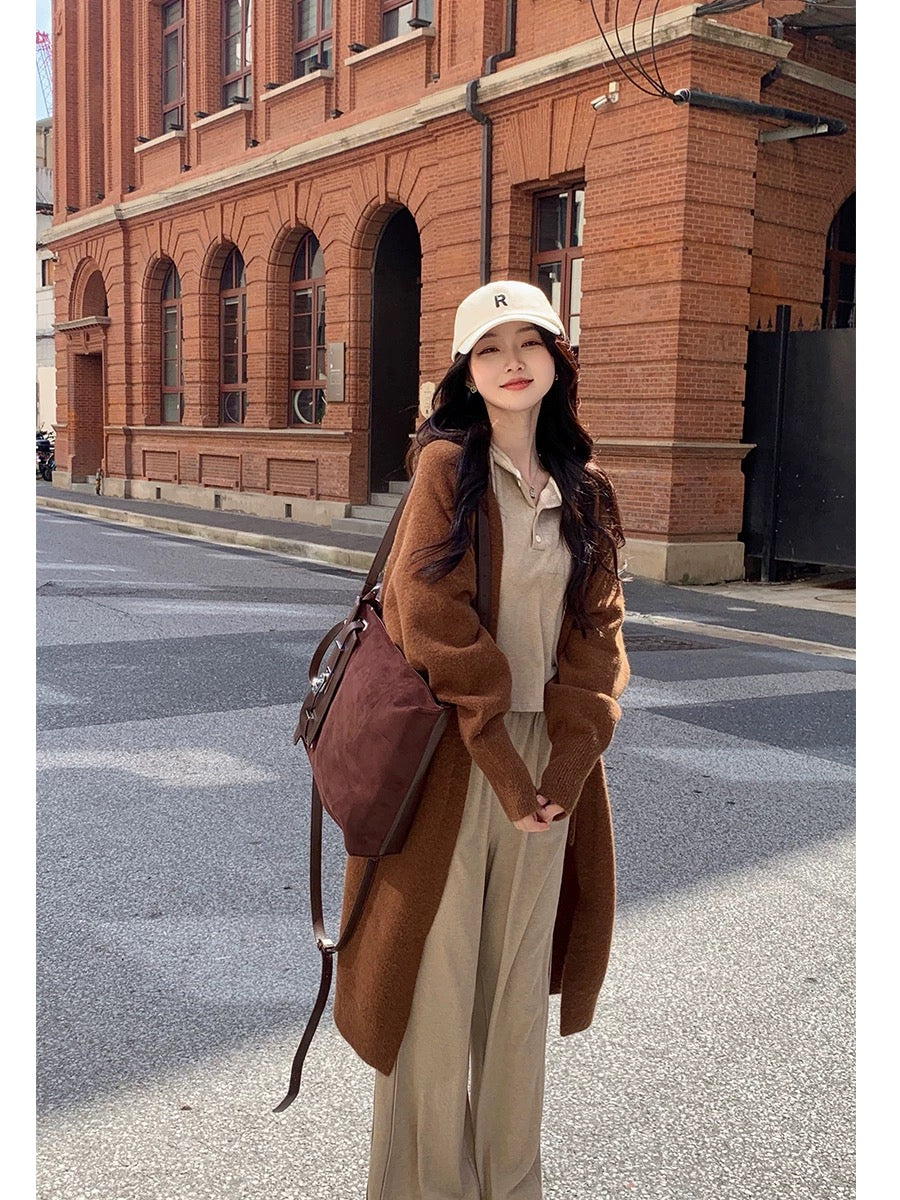 Zuo Zuo's petite French loose mid-length knitted cardigan for women in spring and autumn lazy style long-sleeved sweater coat